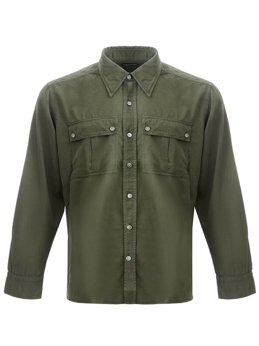 Elegant Green Cotton Shirt with French Collar